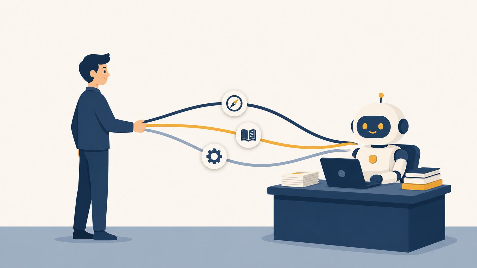 手綱で結ばれた人とAIが同じ方向へ進むフラットイラスト