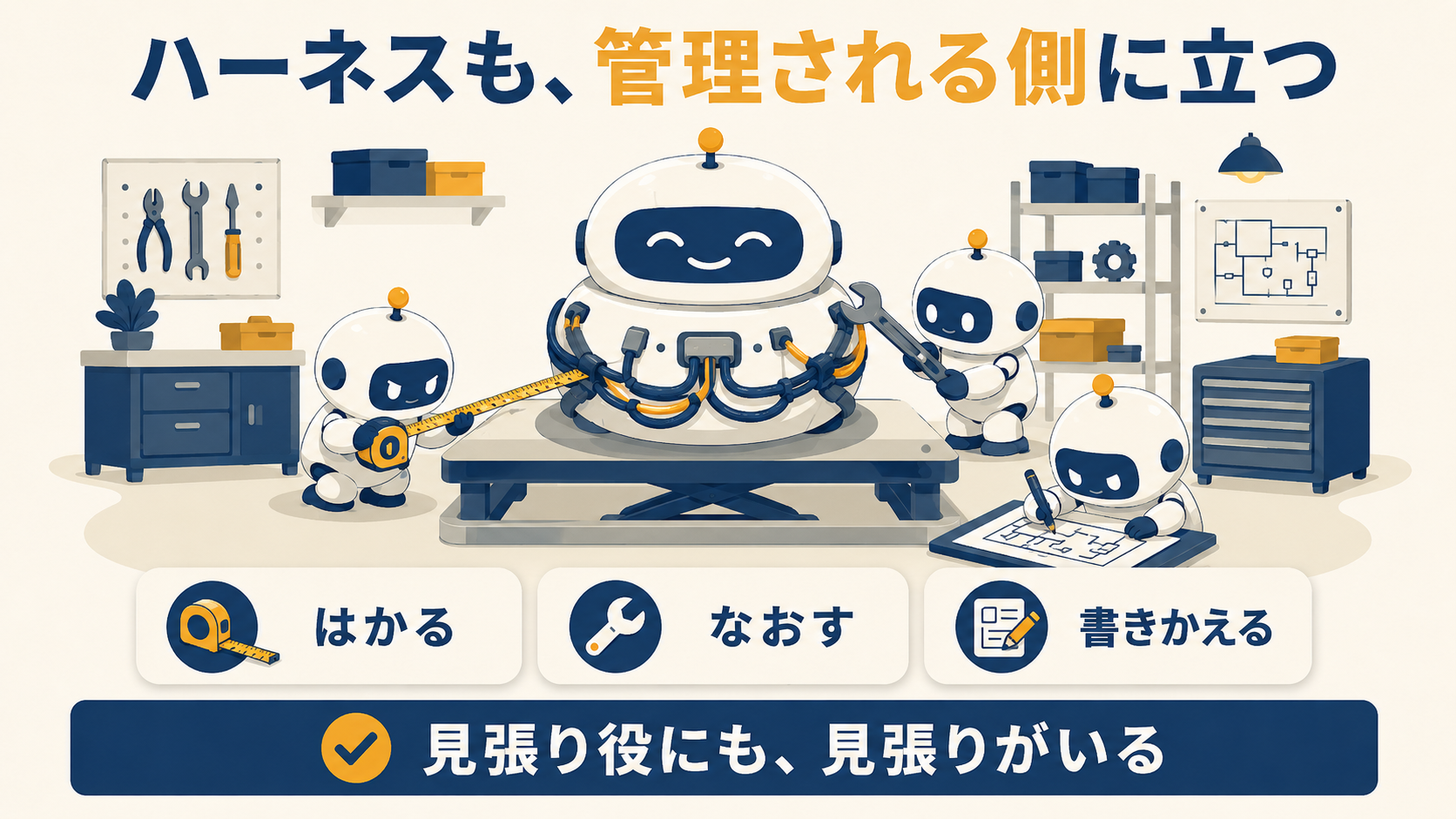 整備台に乗った大きなロボットを、計測・修理・設計図書き換えの小さなロボット3体が整備するイラスト