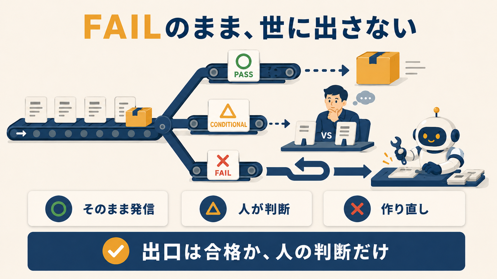 ベルトコンベア上の成果物がPASS・CONDITIONAL・FAILの3枚の判定カードに仕分けられるイラスト
